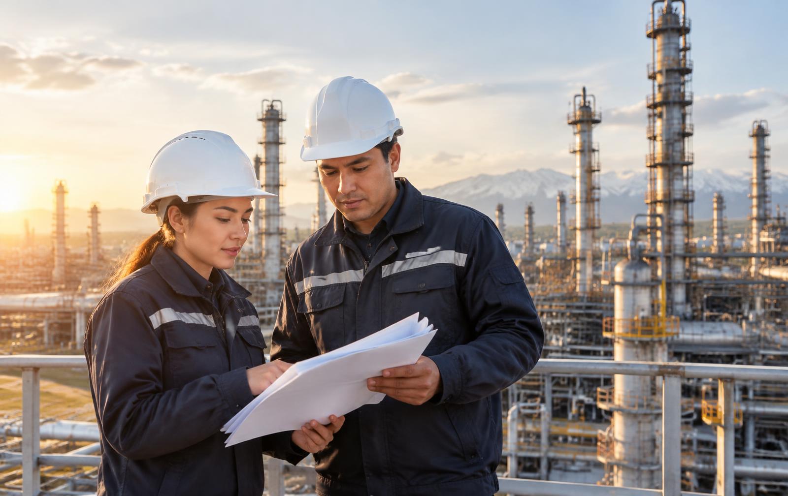 A’Petrol engineers reviewing plans in front of refinery infrastructure